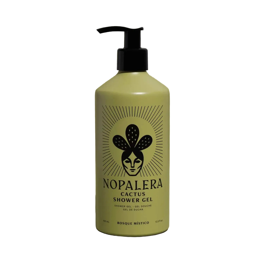A bottle of Nopalera Cactus Shower Gel with a black pump dispenser and a black graphic label, set against a solid olive-green background with a soft shadow.