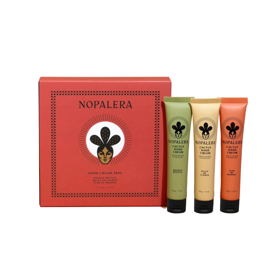 Nopalera Cactus Hand Cream Trio Valentine’s Day gift set featuring three hand cream tubes labeled Bosque Místico, Dulce de Cuerpo, and Flor de Madera displayed next to a decorative gift box.