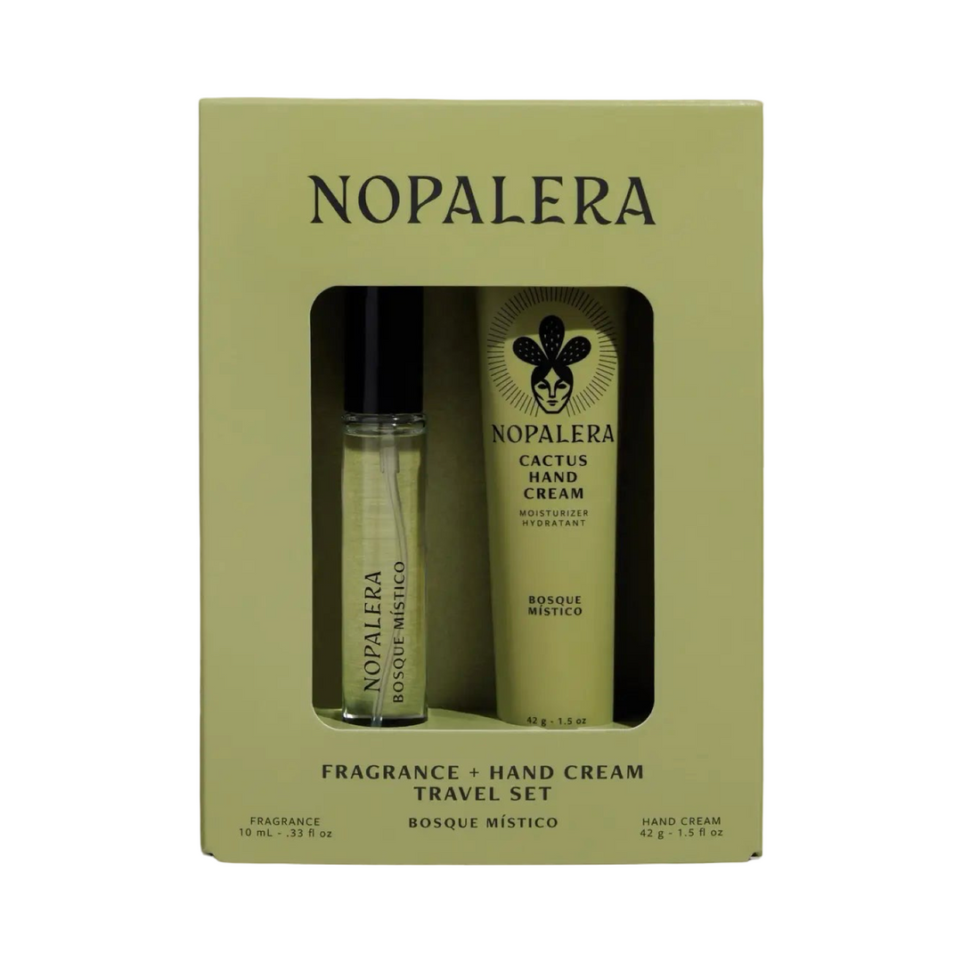 Light green gift box containing Nopalera Bosque Místico cactus hand cream and matching travel fragrance roller, displayed side by side.