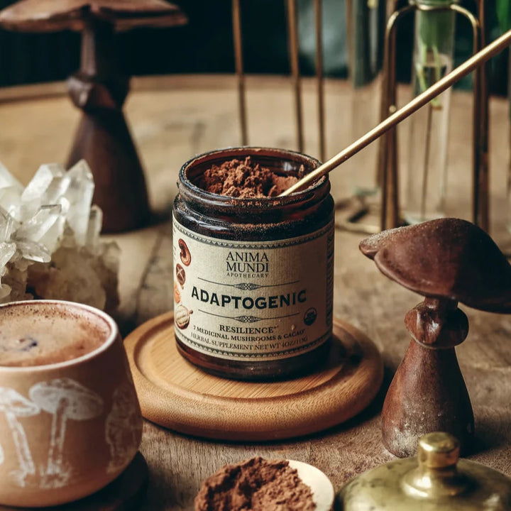An open jar of adaptogenic powder with a spoon in it. Jar is on a table with wooden mushroom sculptures and a a cup of coffee. Brand: Anima Mundi Apothecary