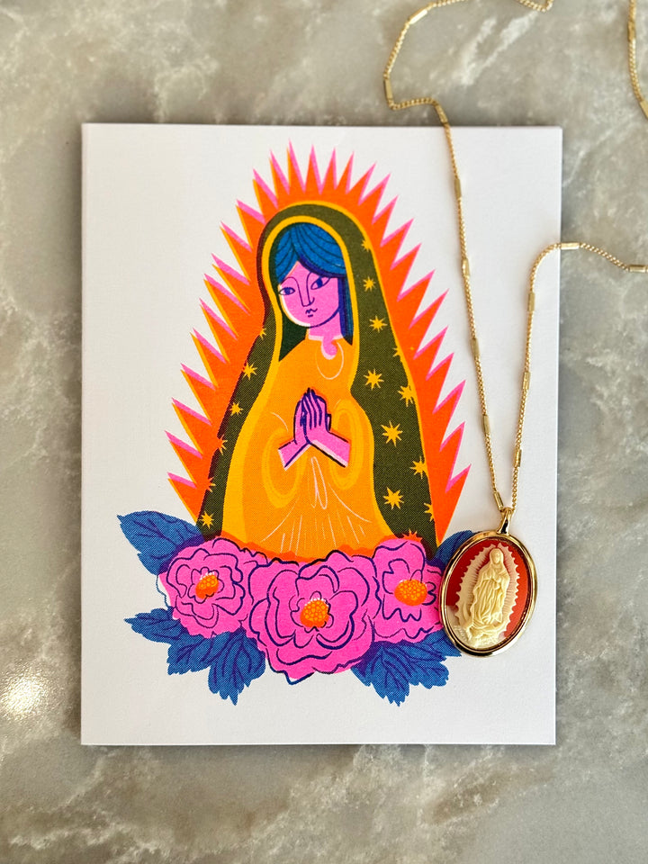 Colorful illustration of a religious figure with flowers and a necklace on a marble surface