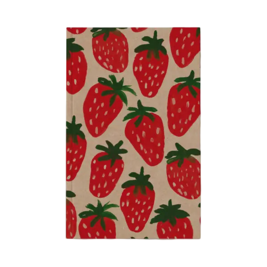 Kraft layflat notebook with a repeating pattern of hand-painted red strawberries and green leaves on the cover.