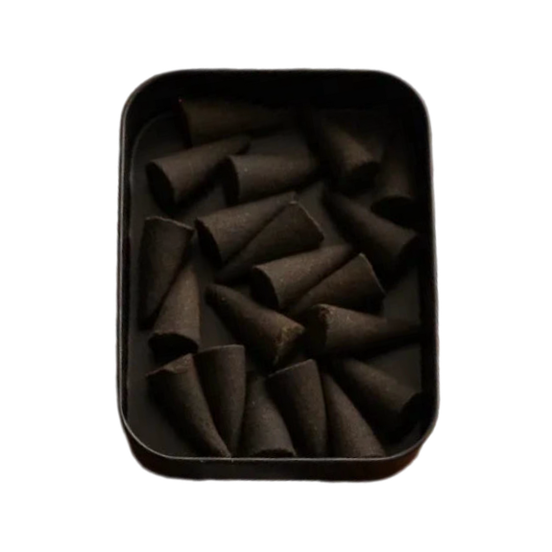 black rectangle tin with 25 black incense cones