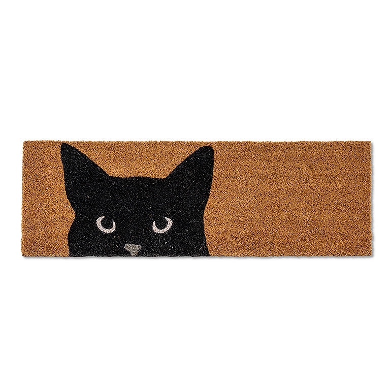 Long rectangular coir doormat with a black cat peeking up from the bottom edge.