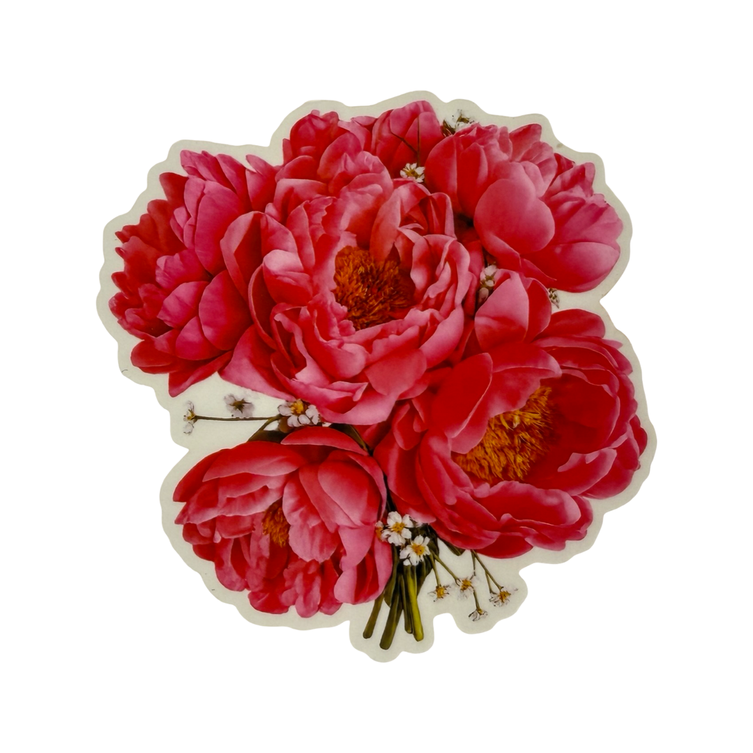 Sticker of pink flowers with green stems on a white background