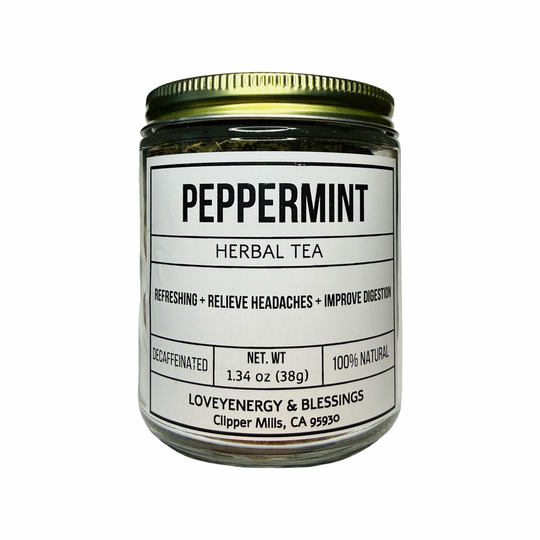 clear 1.34 oz jar of peppermint herbal tea with a gold lid and white branded label.