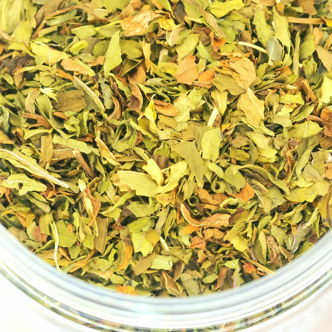 Close-up of dried green herbs in a glass container