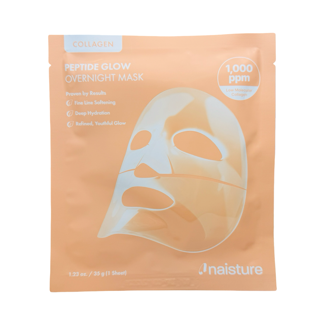 Peach 'Collagen Peptide Glow Overnight Mask' packaging with white text on a peach background features a face mask graphic showing item contents.