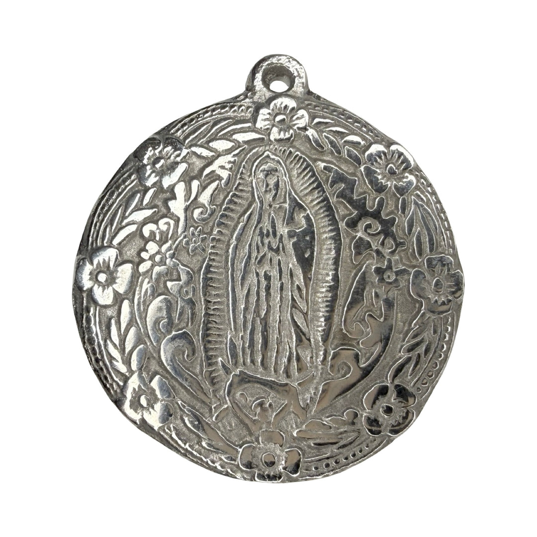 Round Pewter Virgen de Guadalupe Medallion.