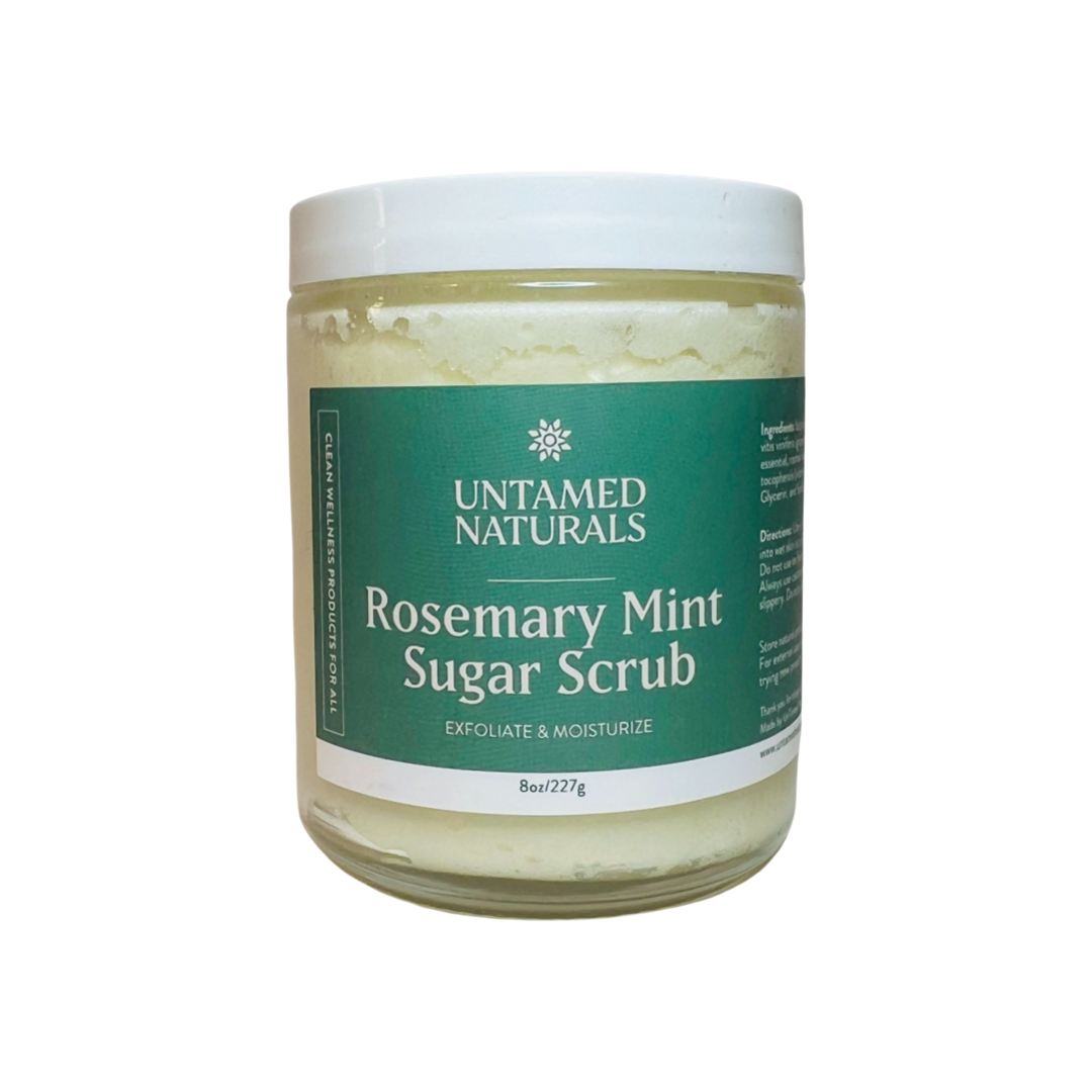 Clear 8 oz of rosemary mint sugar scrub with a green branded label with white lettering. Brand: UnTamed Naturals