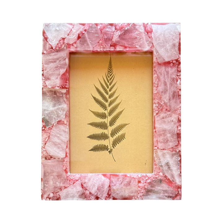 Pink agate stone photo frame holding a botanical fern print.