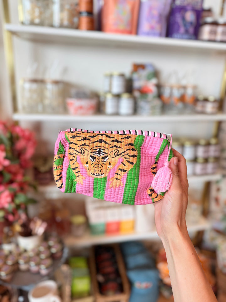 Pink & Green Quilted Striped Tiger Makeup Bag