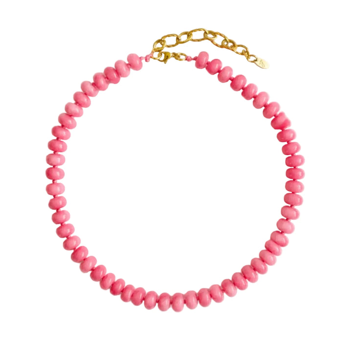 ink stone rondelle bead necklace with a gold chain extender.