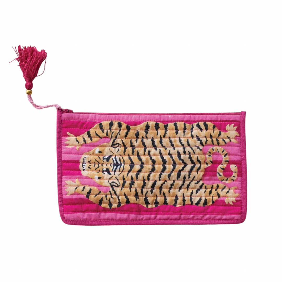 Pink quilted zip pouches with a tiger print and tassel zipper pulls.