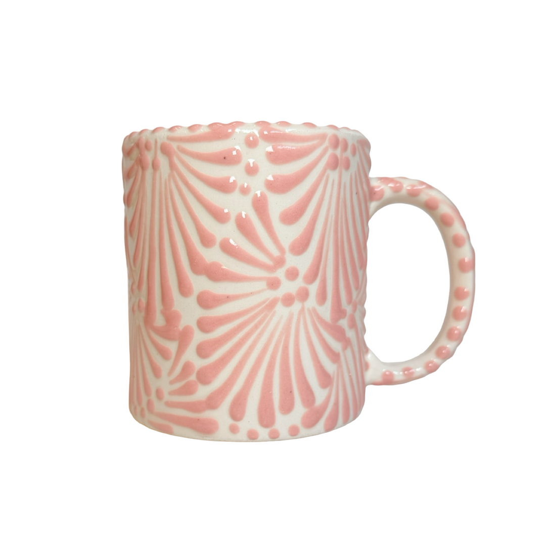 coffee mug with a white and pink Puebla design.