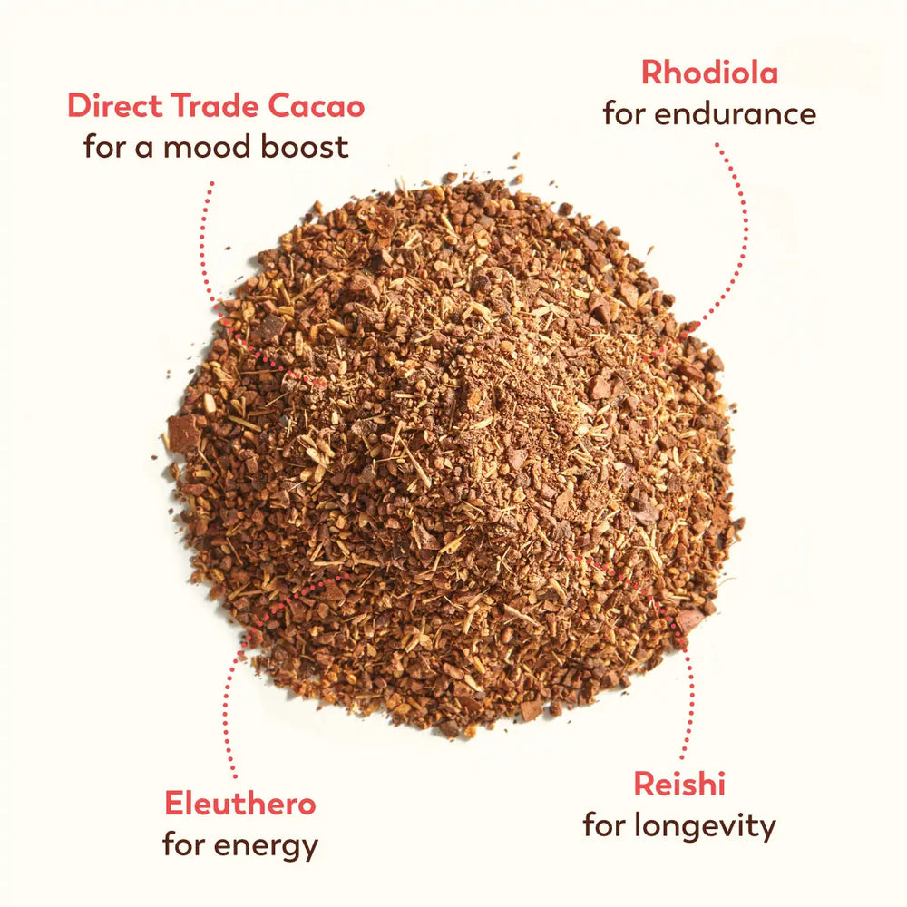 Overhead close-up of a mound of Rasa Cacao loose grounds with dotted callouts labeling key ingredients: “Direct Trade Cacao – for a mood boost,” “Rhodiola – for endurance,” “Eleuthero – for energy,” and “Reishi – for longevity."
