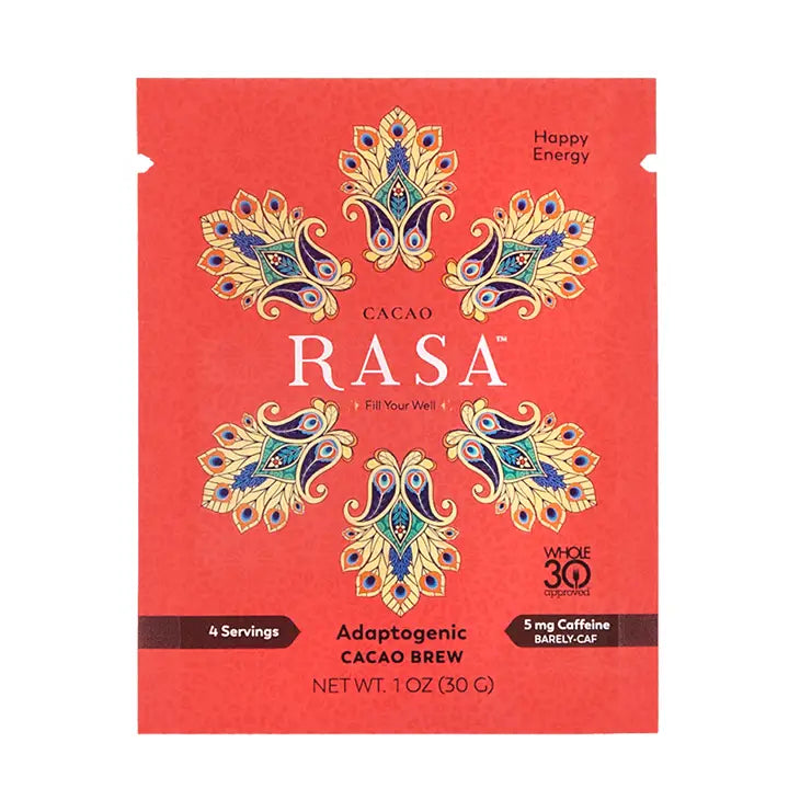 Red 1-oz packet of Rasa Cacao Adaptogenic Cacao Brew with decorative mandala artwork and text noting 4 servings, “barely-caf” 5 mg caffeine, and Whole30 Approved.