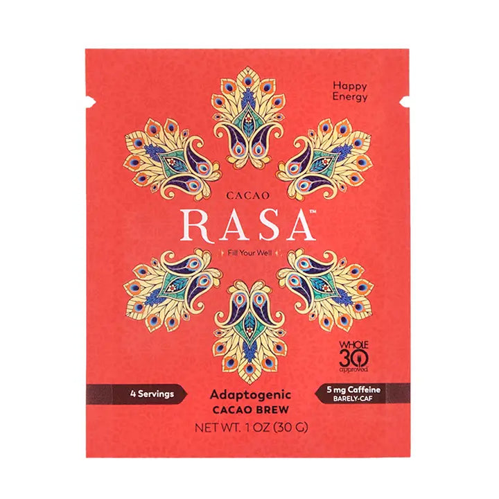 Red 1-oz packet of Rasa Cacao Adaptogenic Cacao Brew with decorative mandala artwork and text noting 4 servings, “barely-caf” 5 mg caffeine, and Whole30 Approved.