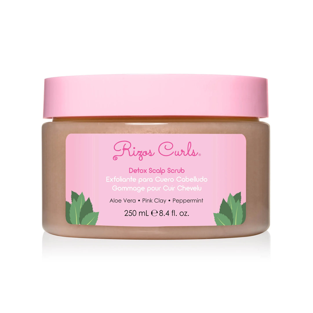 8.4 oz clear jar with a pink lid and branded pink label that features peppermint leaves. Brand: Rizos Curls