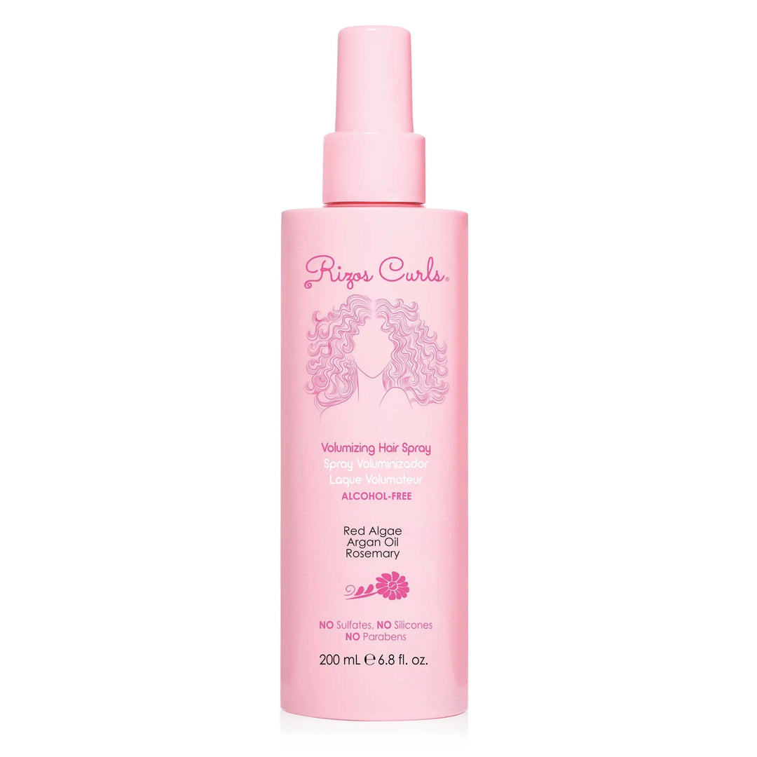 6.8 fl oz branded pink bottle with pink, black and white lettering featuring an illustration of a woman with curly hair. Brand: Rizos Curls