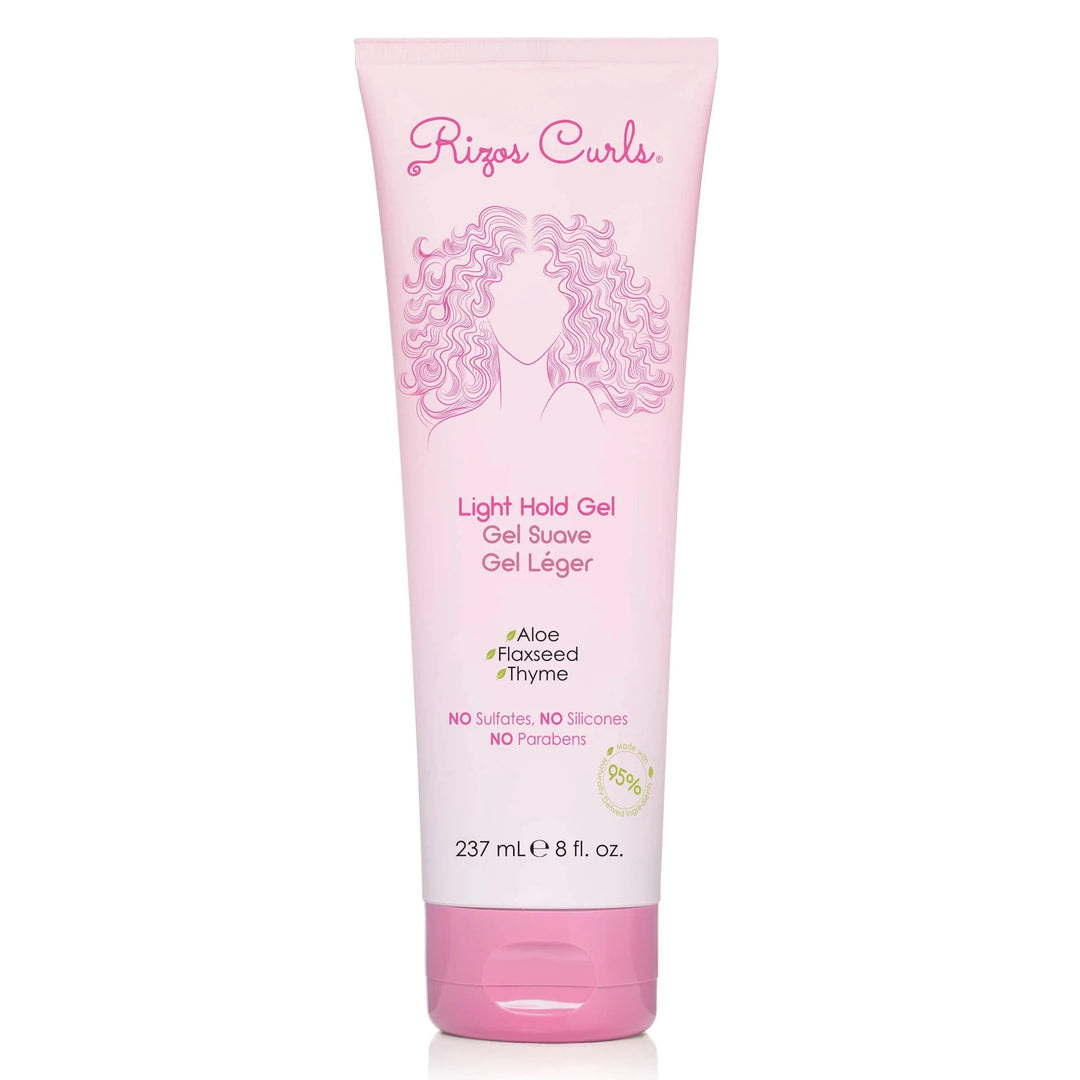 8 fl oz light pink branded squeeze bottle of hair gel with pink lettering featuring an illustration of a woman with curly hair. Brand: Rizos Curls