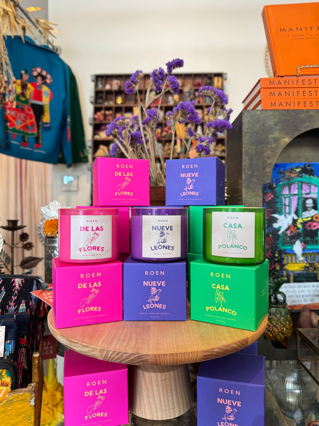 Colorful boxes with labels on a wooden table in a store setting
