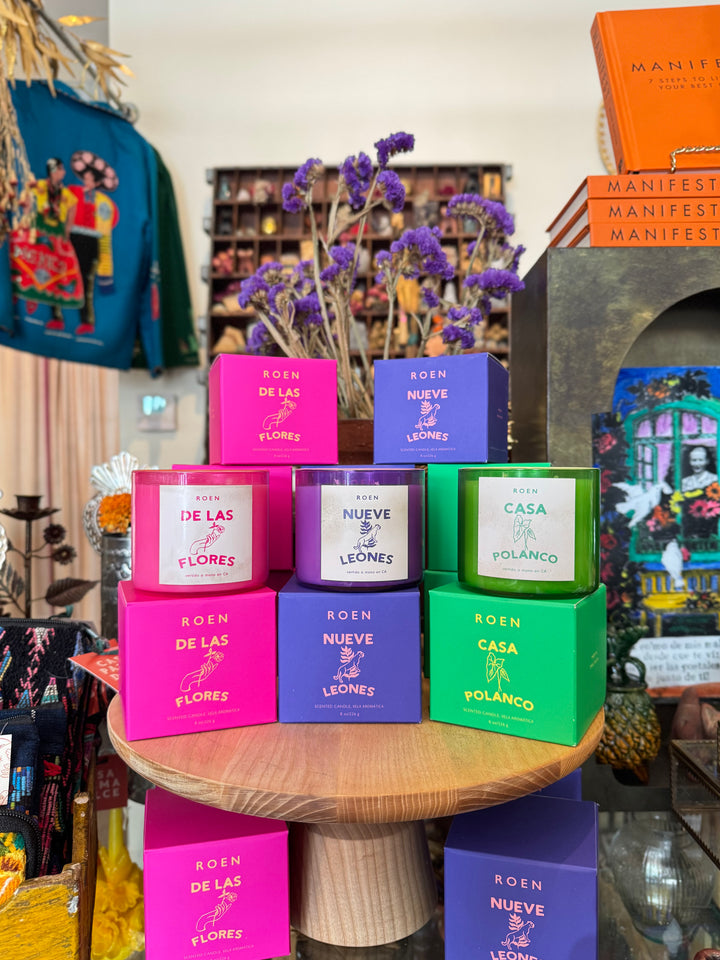 Colorful boxes with labels on a wooden table in a store setting