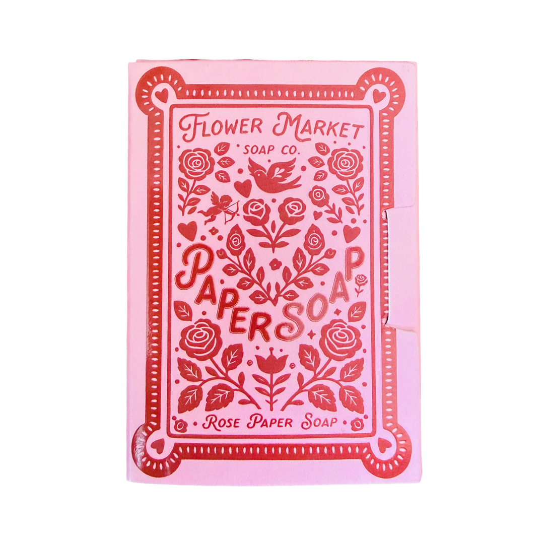 Rose scented paper soap booklet with floral Valentine themed design.