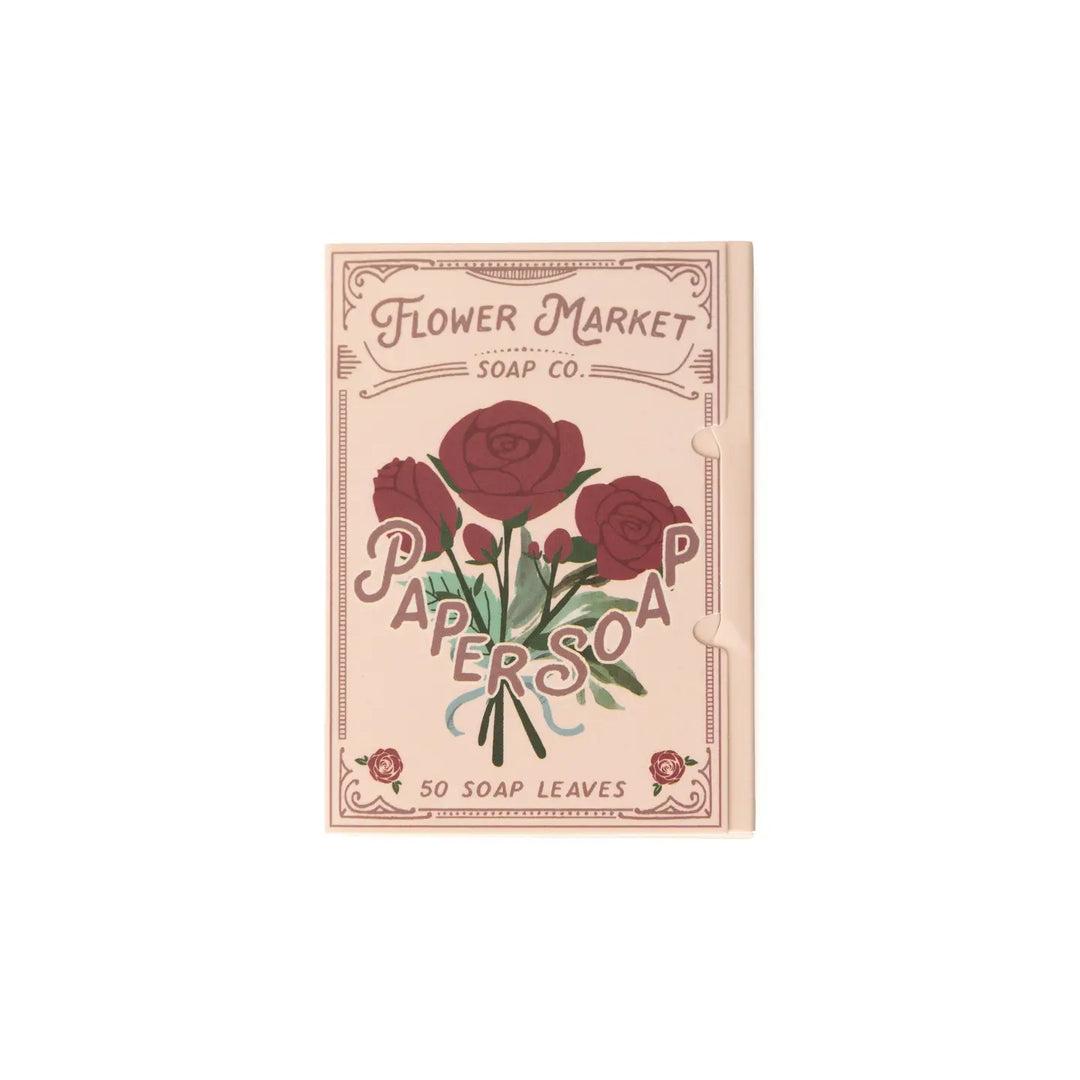 Packaging for paper soap with an illustration of a rose and leaves, and text that includes '50 Soap Leaves' and the company's name.