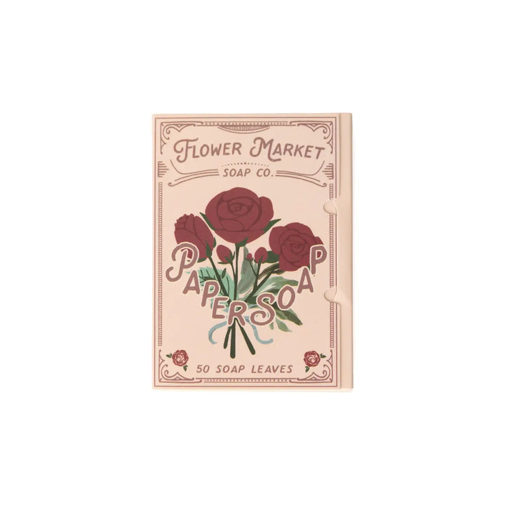 Packaging for paper soap with an illustration of a rose and leaves, and text that includes '50 Soap Leaves' and the company's name.