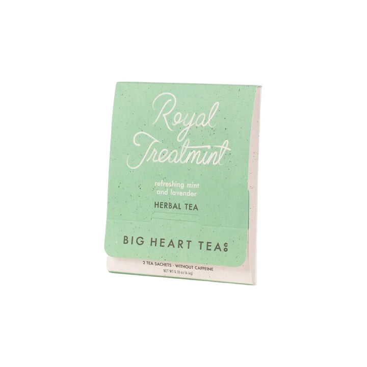 Mint green matchbook style packaging for 'Royal Treatmint' herbal tea holding 2 sachets.