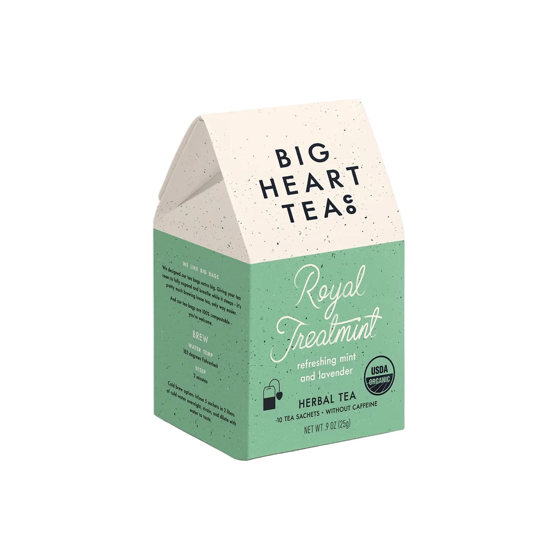 Green and white Royal Treatmint herbal tea box featuring refreshing mint and lavender blend.