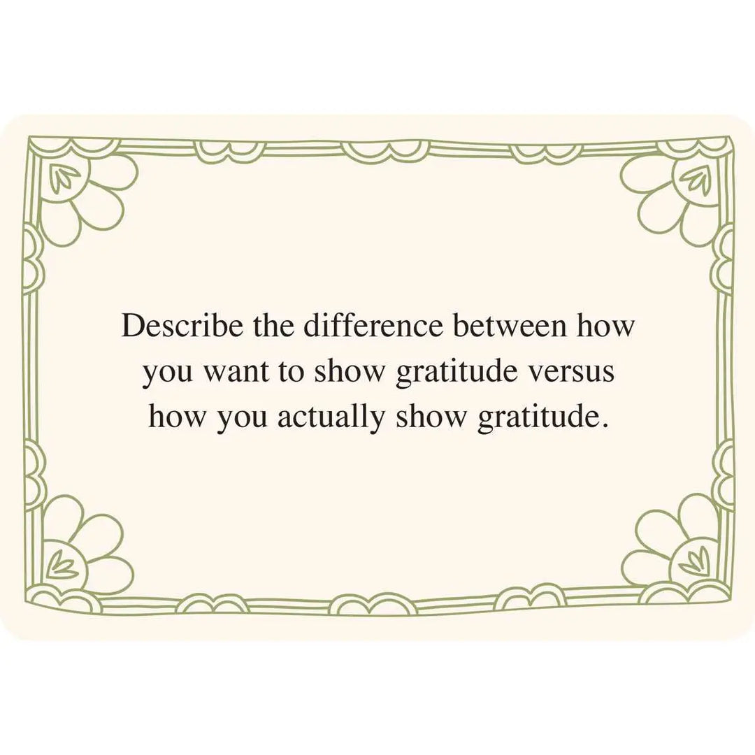 Illustrated card with floral border reading a gratitude writing prompt