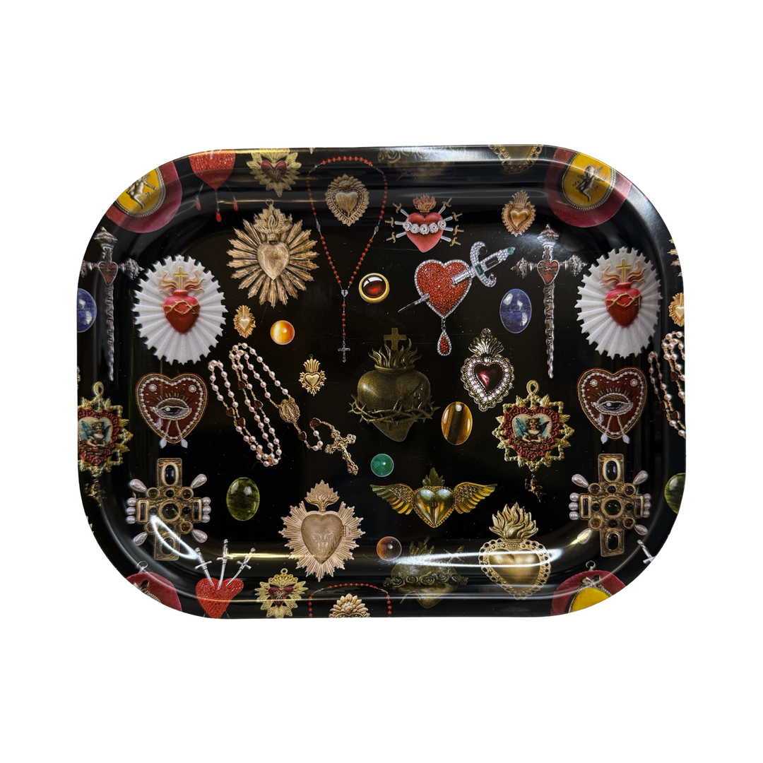 Sacred Heart decorative tray with a collage of religious heart motifs, rosaries, and symbolic icons.