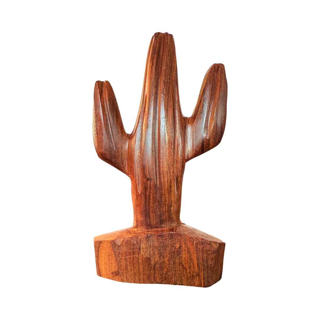 Handcarved wooden saguaro cactus sculpture made from polished ironwood with natural grain variations.