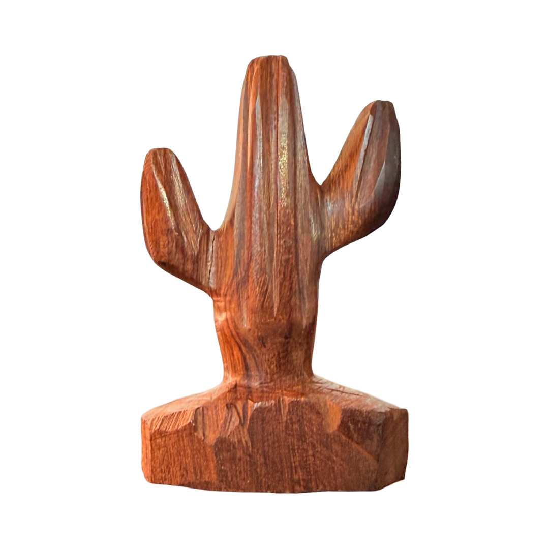 Handcarved wooden saguaro cactus sculpture made from polished ironwood with natural grain variations.