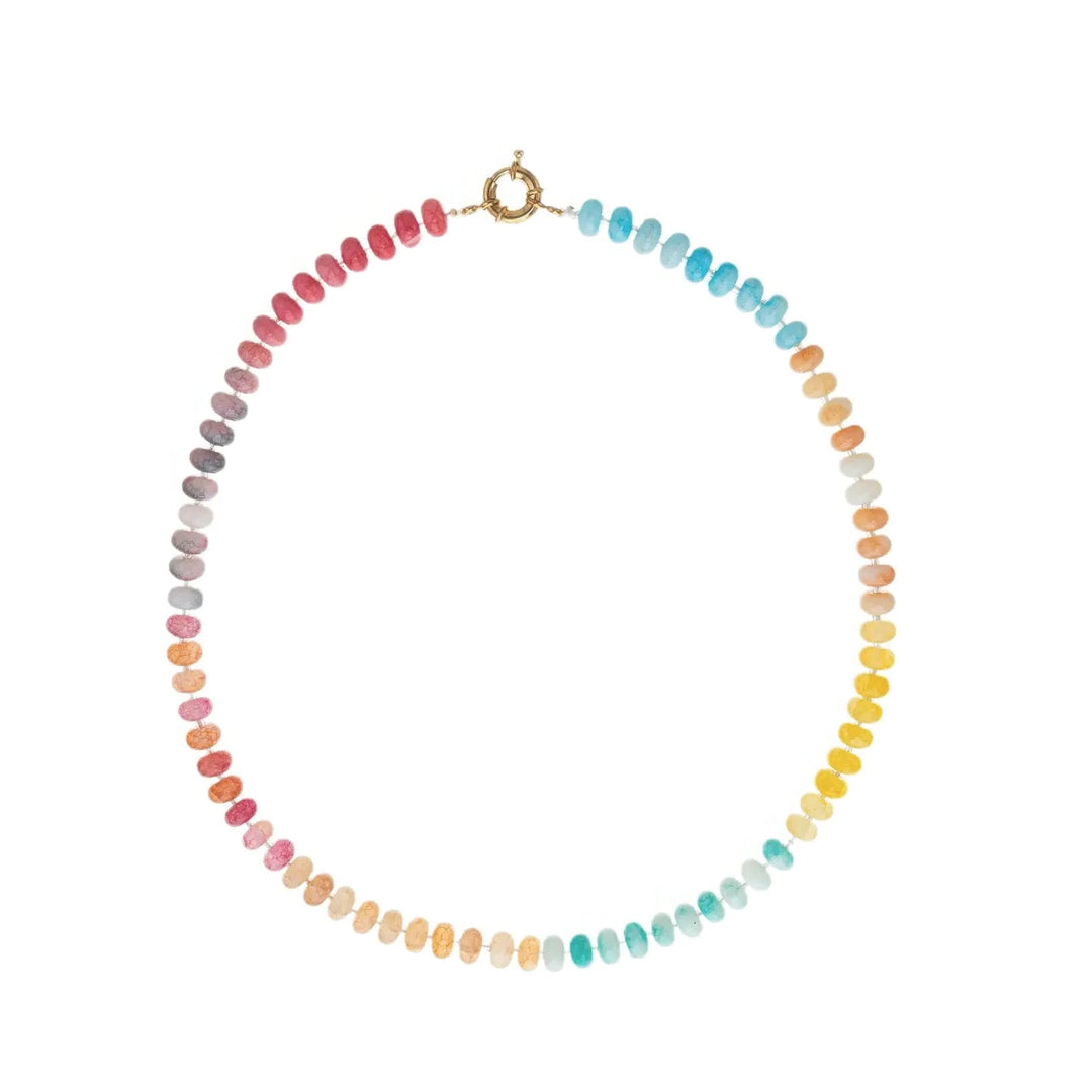 A semi-precious glass bead necklace in a full rainbow gradient of teal, yellow, peach, orange, pink, and red tones with a gold spring ring clasp.
