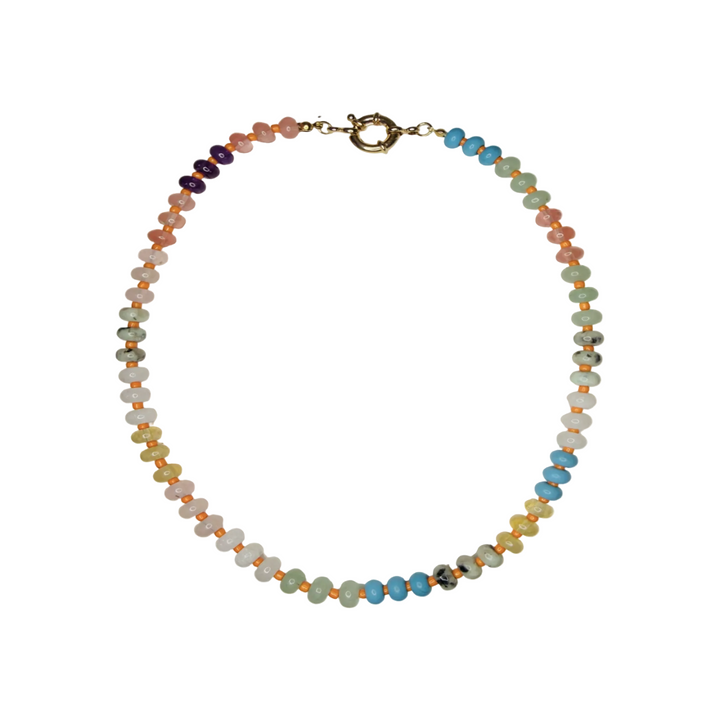 A semi-precious stone bead necklace with mixed pastel tones including turquoise, sage green, blush pink, purple, and yellow beads separated by small orange seed beads, with a gold spring ring clasp.