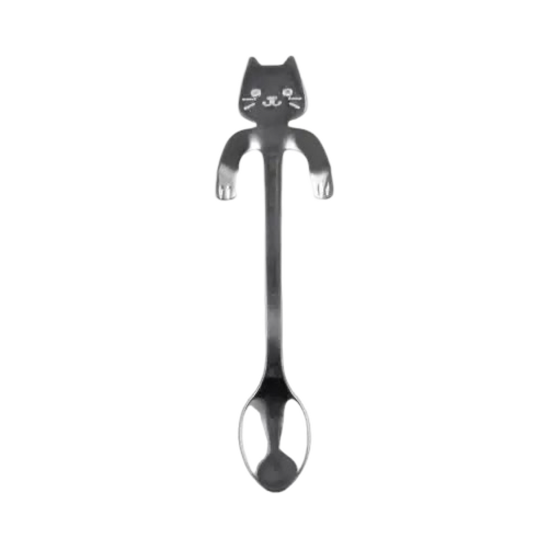 Silver spoon with a cat on the top for hanging on a cup.