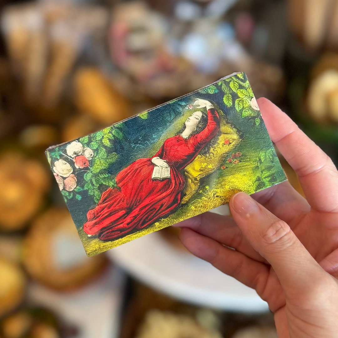 A decorative matchbox featuring a vintage illustration of a woman in red reading among blooming roses, shown open with red tipped matches inside.