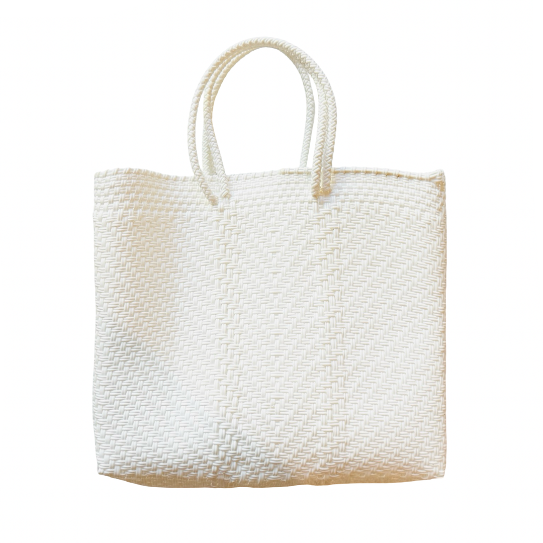 white vinyl woven bag with handles