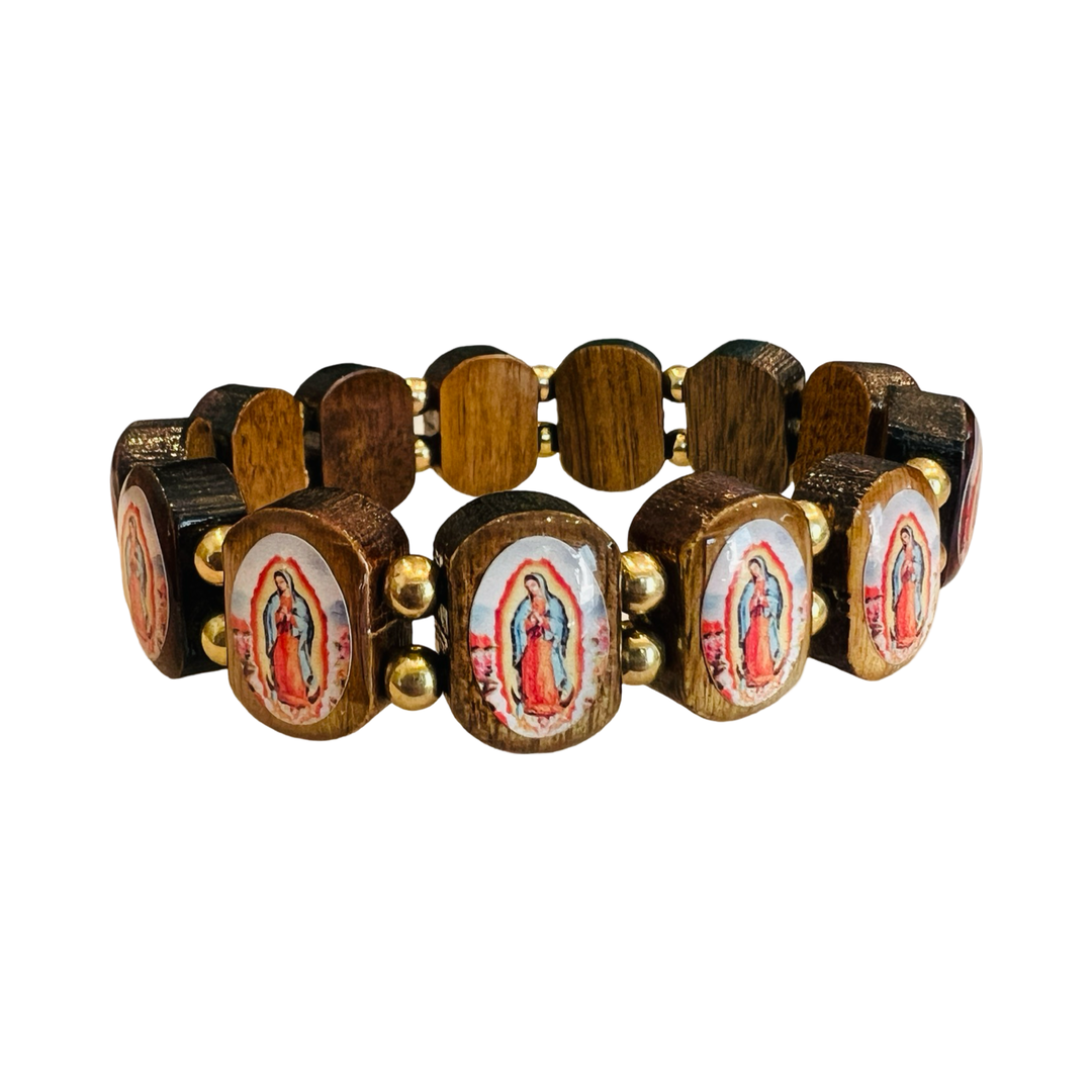 a brown bracelet that showcases a repeated image of the Virgin Mary on small square wood panels and gold beads.