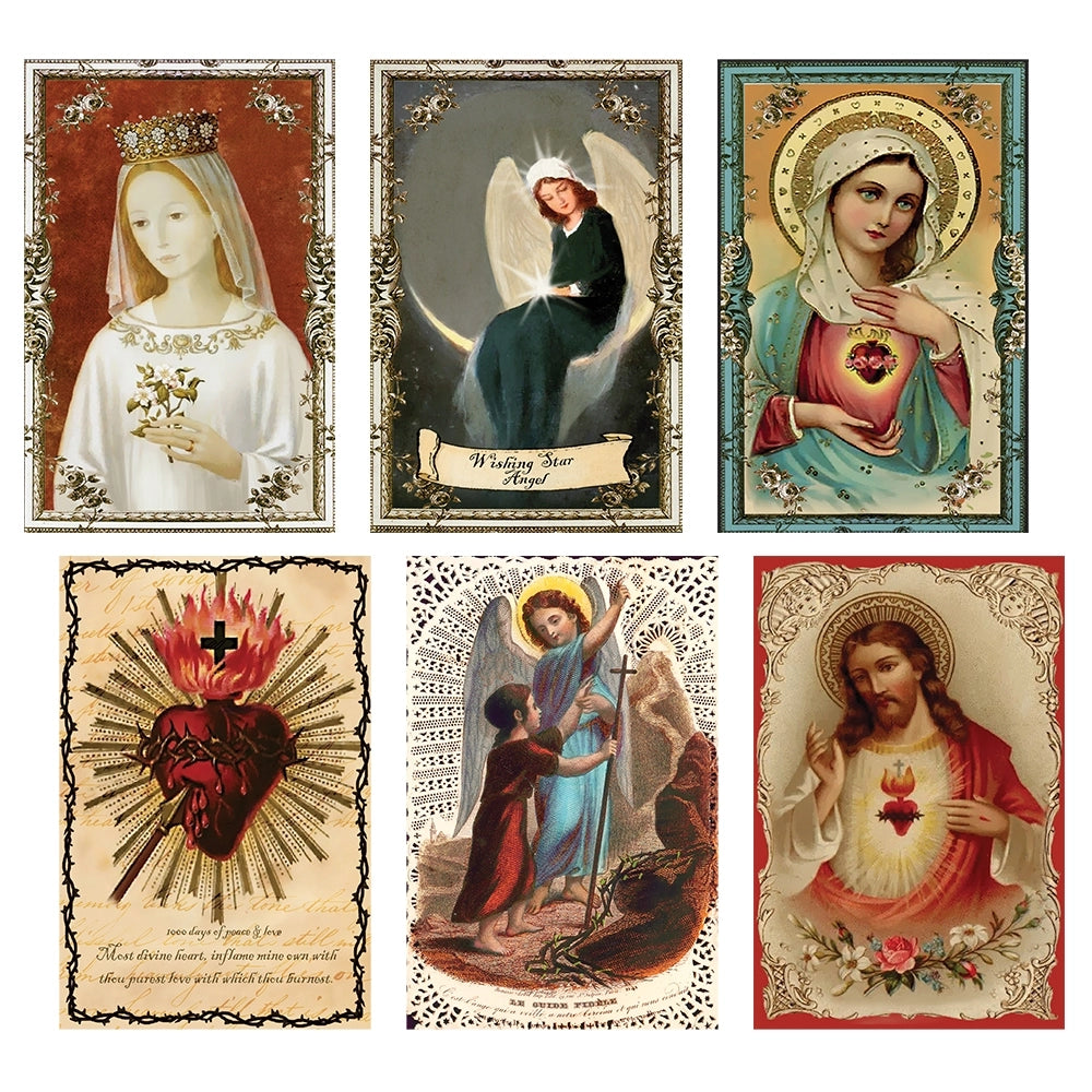 Set of six mini matchboxes featuring religious imagery of saints and angels.