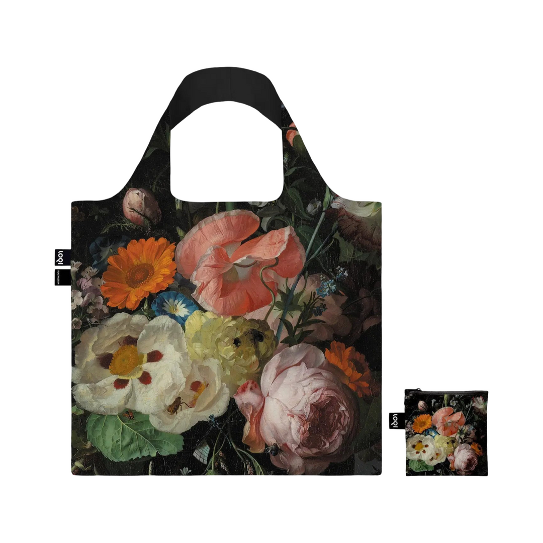 Reusable recycled bag featuring a still life floral painting with assorted flowers with a matching pouch.