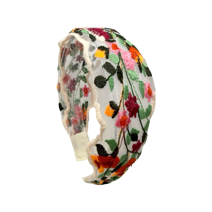 Sheer floral embroidered headband with colorful stitched flowers and leaves along the band.