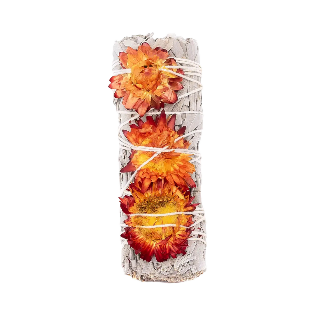 single sage bundle with red/orange flowers tied with white twine