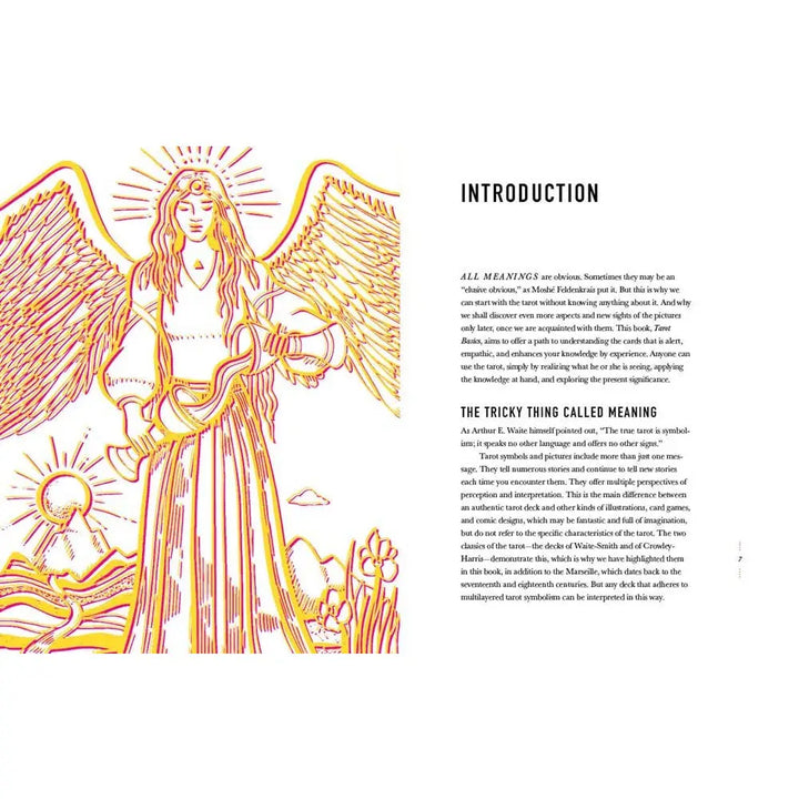Interior spread shows a full-page illustration of a winged angelic figure rendered in yellow and red line art alongside the book's introduction text.