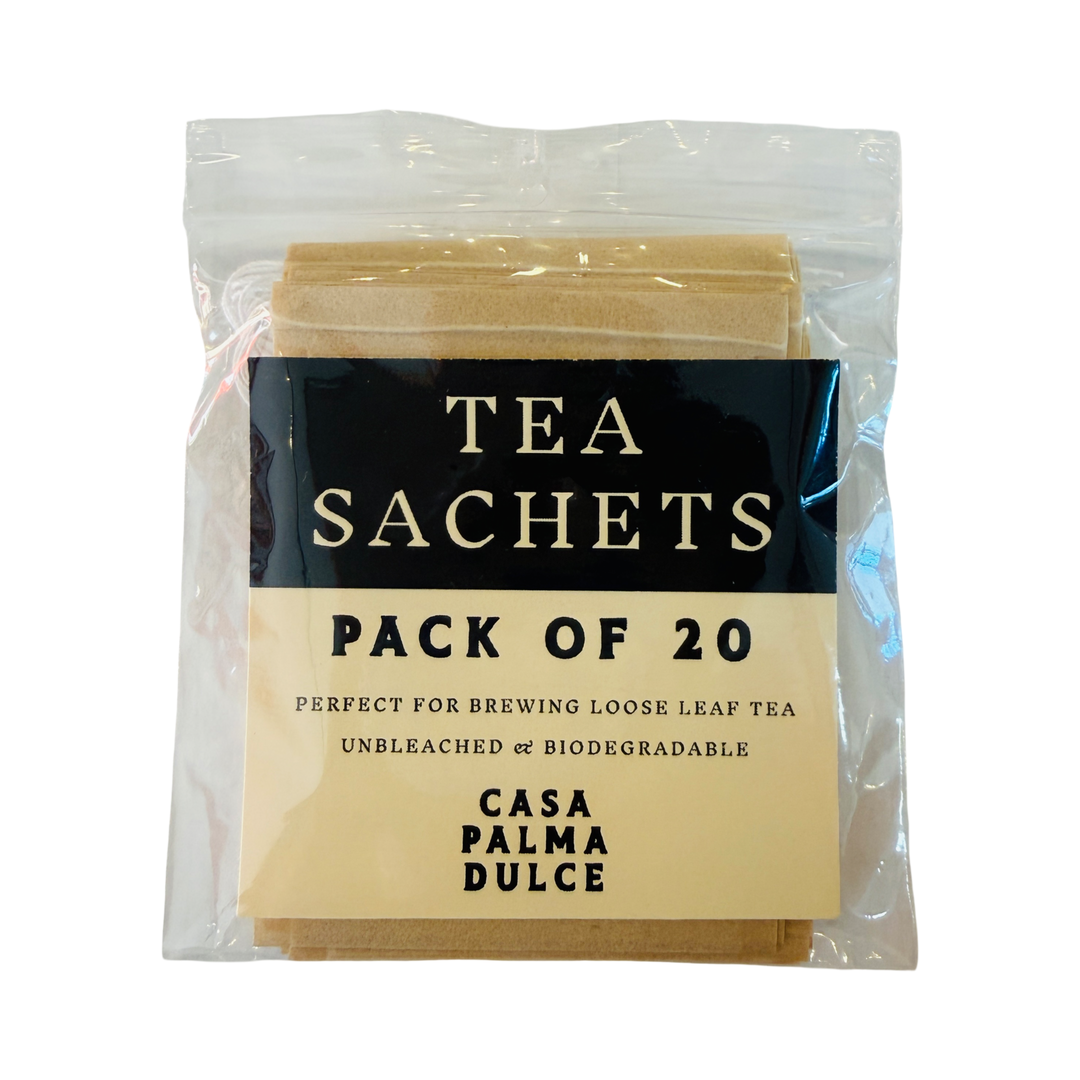 clear cellophane bag with 20 kraft tea sachets with branded labeling.