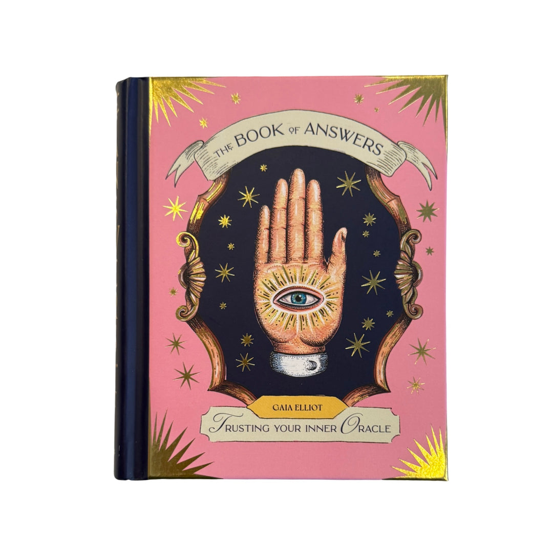 Book titled 'The Book of Answers' with a palm reading design on a pink background