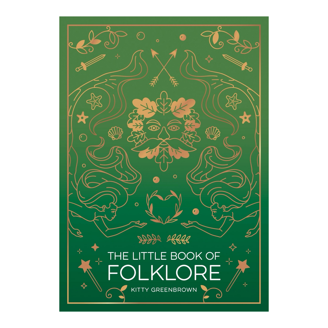 Book cover of 'The Little Book of Folklore' features green and gold fine linework design. The book title and author are in white text at the bottom of the page.
